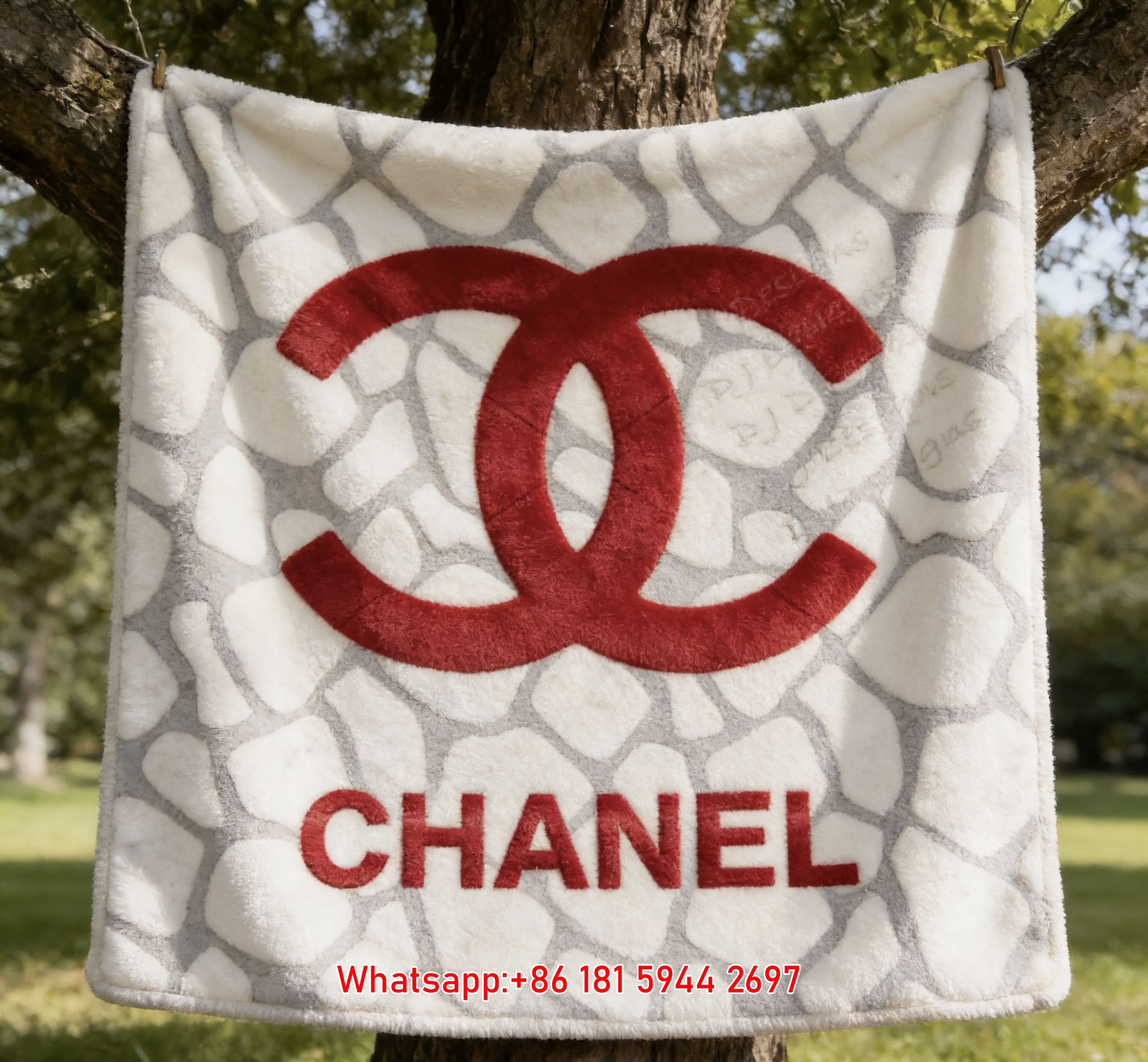 Chanel Red Metallic Logo Stone Pattern Flannel Sofa Throw Blanket IMG_6823